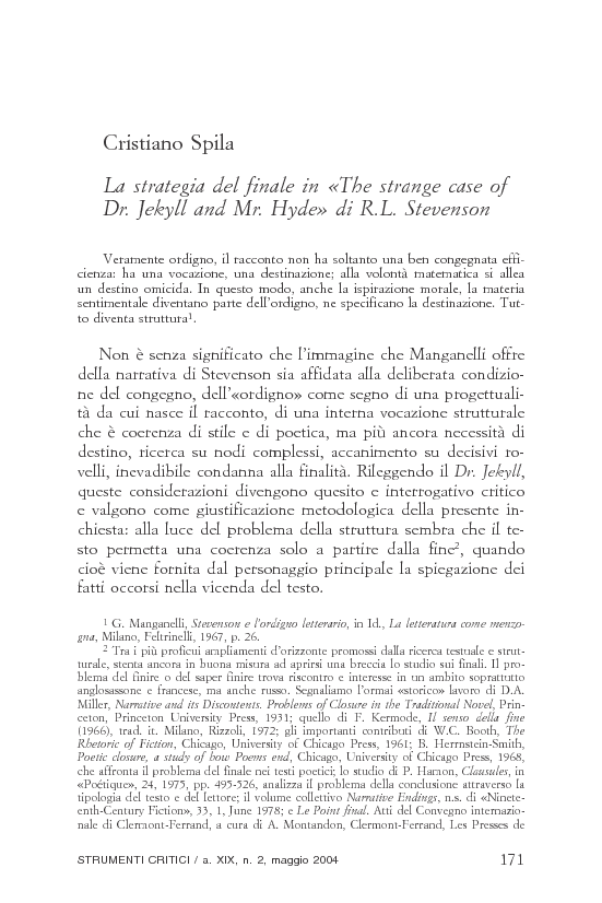 Rivisteweb: Cristiano Spila, La strategia del finale in The strange case  of Dr. Jekyll and Mr. Hyde di R.L. Stevenson